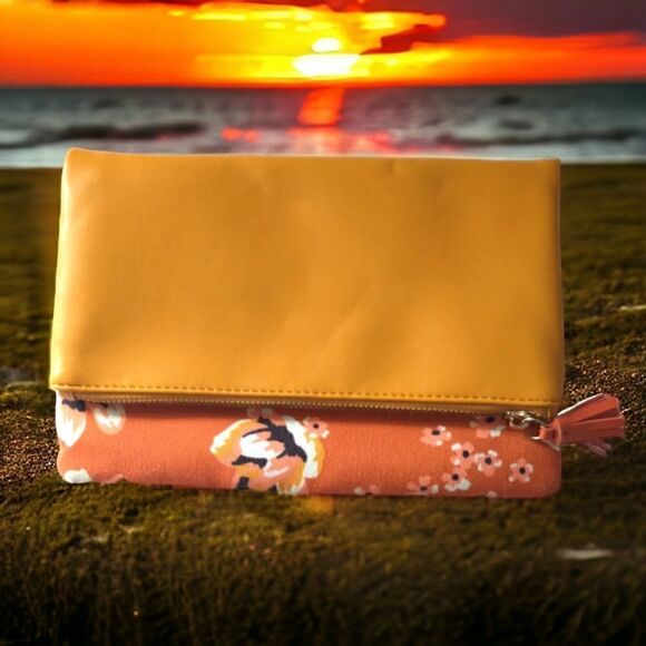 Rachel Pally Zahara Clutch Envelope Folding Floral Orange Blossoms Vegan Leather - Picture 1 of 16